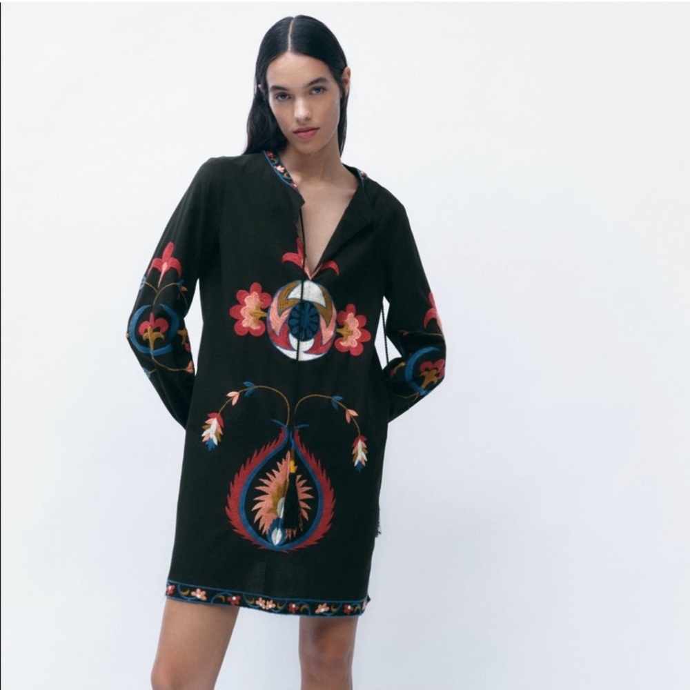 Zara Black Dress with Colorful Embroidery